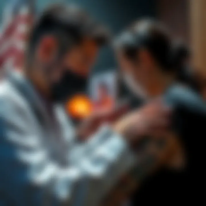 A practitioner examines tattoos on a patient's arm while discussing acupuncture techniques