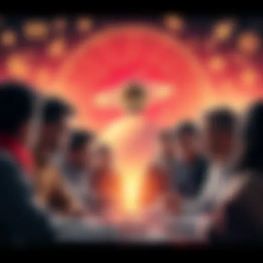 A group of people sharing their experiences during Saturn Mahadasha, with astrological symbols in the background.