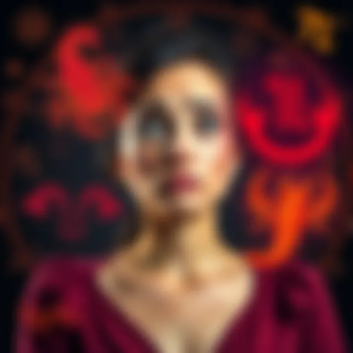 A Taurus woman looking confused while contemplating a Scorpio man's mixed signals, surrounded by symbols of their zodiac signs.