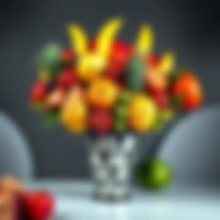 Taurus Birthday Gift Ideas A vibrant fruit bouquet arranged in a decorative vase, showcasing various fresh fruits, symbolizing a thoughtful birthday gift for a Taurus man.