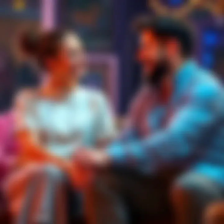 A Taurus woman and a Cancer man sitting together, smiling and engaging in a deep conversation, showing their strong bond and connection.