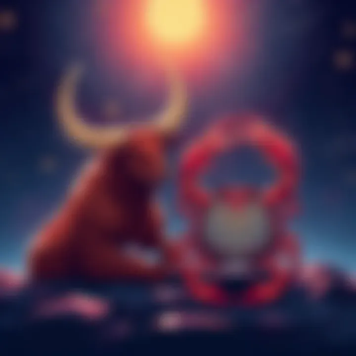 Taurus and Cancer Together Illustration of Taurus the bull and Cancer the crab sitting together under a starry sky, symbolizing their compatibility and relationship dynamics.