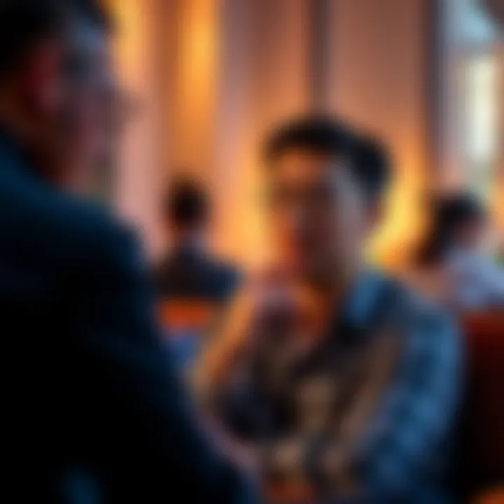 A Taurus person thoughtfully engaging in conversation, taking their time to respond with a calm expression, surrounded by soft lighting and comfortable setting.