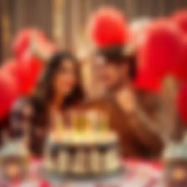 A couple of Taurus individuals enjoying a joyful moment, smiling and celebrating their birthdays, surrounded by balloons and cake.