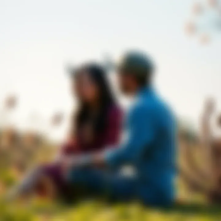 A Taurus female and Taurus male sitting together in a peaceful garden, discussing their relationship under a clear sky.