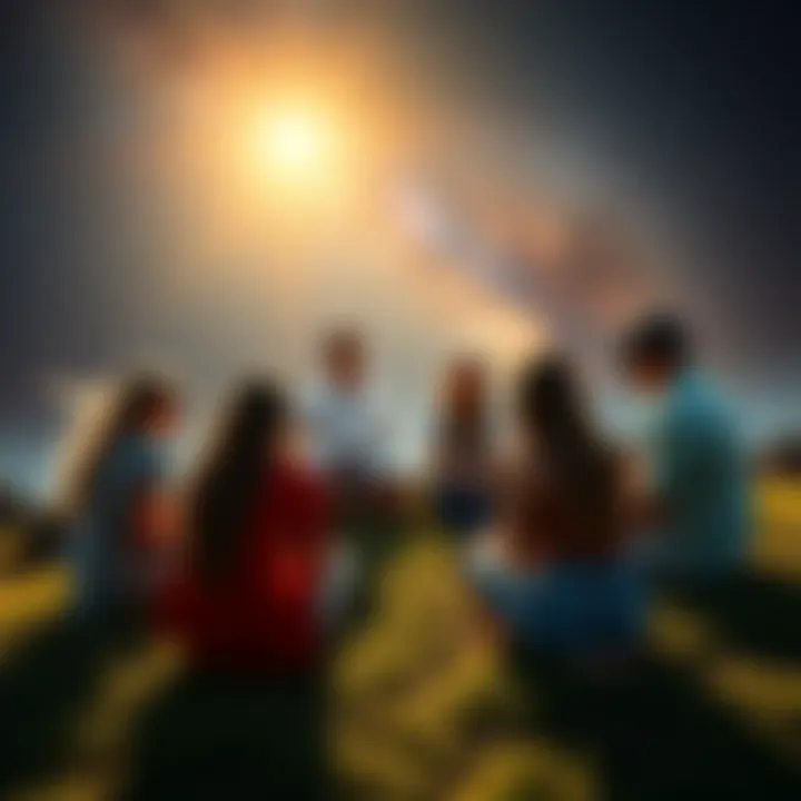 A group of Taurus individuals gathered in a circle sharing their experiences and discussing their feelings under a bright starry sky, expressing a shared sense of energy and connection.