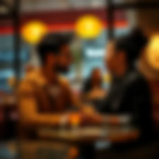 A Taurus man and a Gemini woman engaging in a lively discussion at a café, showcasing their chemistry and connection.