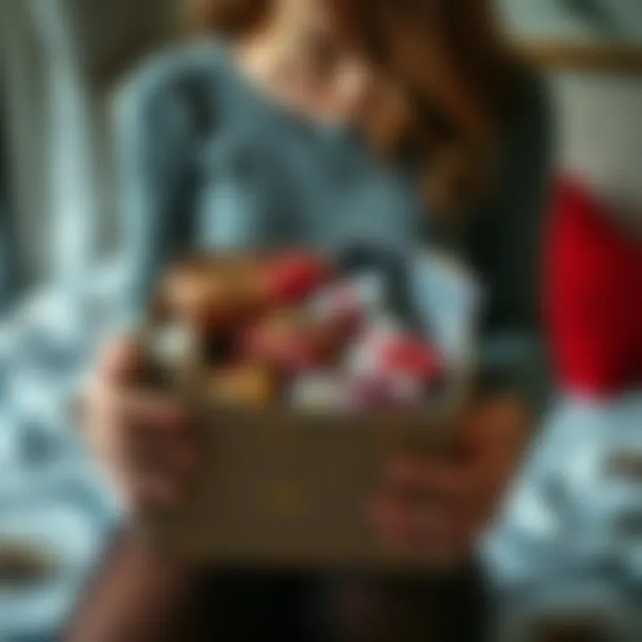 A Taurus person holding a box filled with sentimental gifts from past relationships, surrounded by photos and memories.