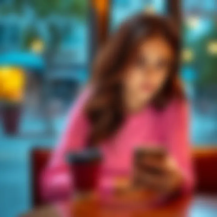 Taurus girl showing mixed signals A young woman with a thoughtful expression, sitting at a café table, looking at her phone while deep in thought, representing confusion in a budding relationship.