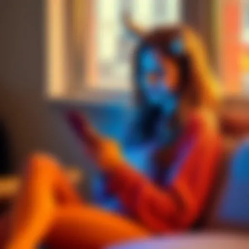 Taurus girl texting A relaxed Taurus girl sitting with her phone, contemplating her message response, illustrating her thoughtful and laid-back communication style.