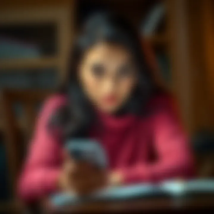 A young woman with a thoughtful expression, sitting at a desk with her phone, contemplating her response to a message.