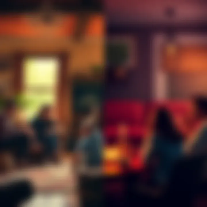 Taurus individuals at home and socializing A split scene showing Taurus individuals enjoying a cozy home setting on one side and a lively social gathering on the other, highlighting their dual lifestyle preferences.