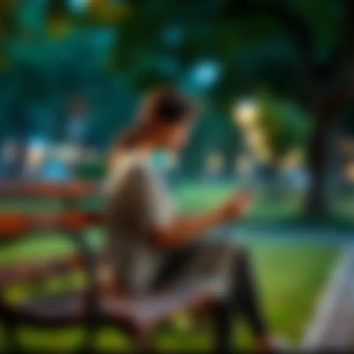 A woman sitting on a park bench, looking contemplative while looking at her phone, symbolizing moving on from a Taurus man. She seems thoughtful and at peace.