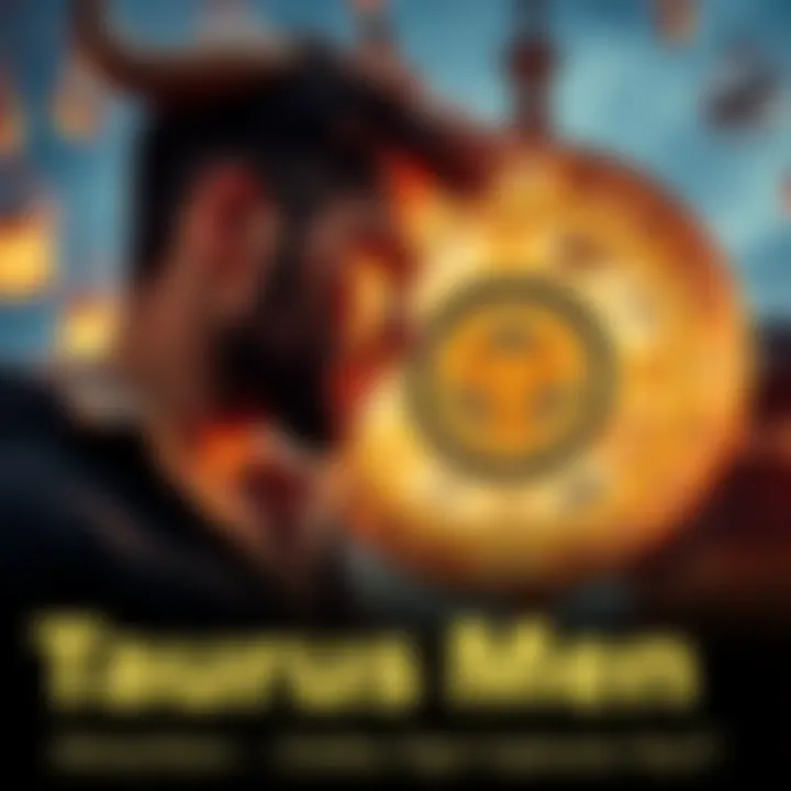 A Taurus man gazing thoughtfully at a zodiac wheel with different female signs highlighted, symbolizing attraction and compatibility in love.