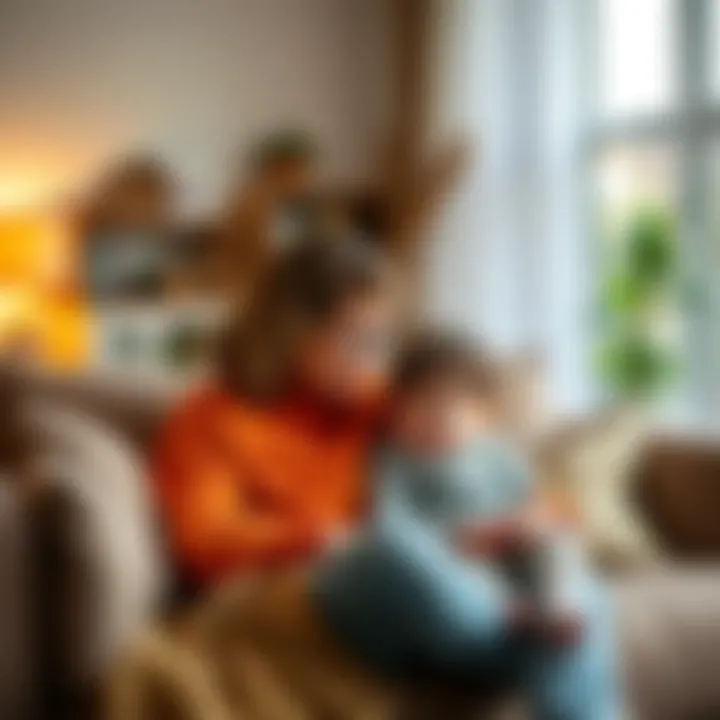 A Taurus mom sitting with her child in a cozy living room, showing affection while discussing daily life.