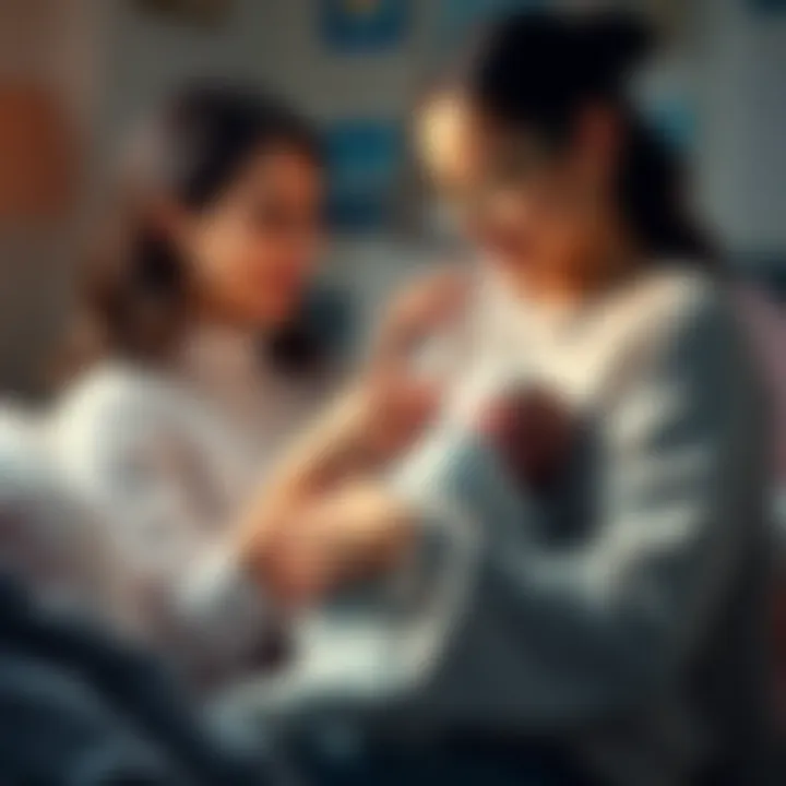A Taurus mom lovingly holds her newborn son, born under the Pisces sign, in a cozy nursery, seeking advice from the community.