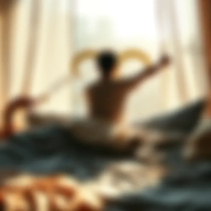 A peaceful morning scene with a cozy bed, sunlight streaming in, and a Taurus zodiac symbol in the background, showing a person stretching and waking up early.