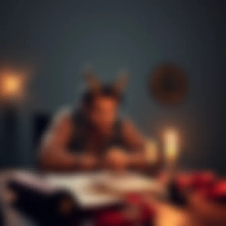 A Taurus, looking determined, sits at a table with betrayal letters and a candle, symbolizing emotional turmoil and plans for revenge against a Scorpio.