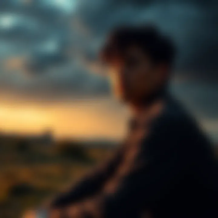 Taurus Rising Emotions A person with a calm expression sitting in a serene environment, with a slight stormy sky in the background, symbolizing inner rage and peace.