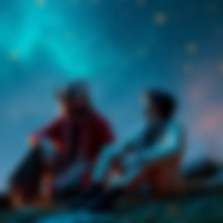 A Taurus and Scorpio couple sitting together, sharing a loving glance, surrounded by stars to symbolize their connection, with a serene atmosphere