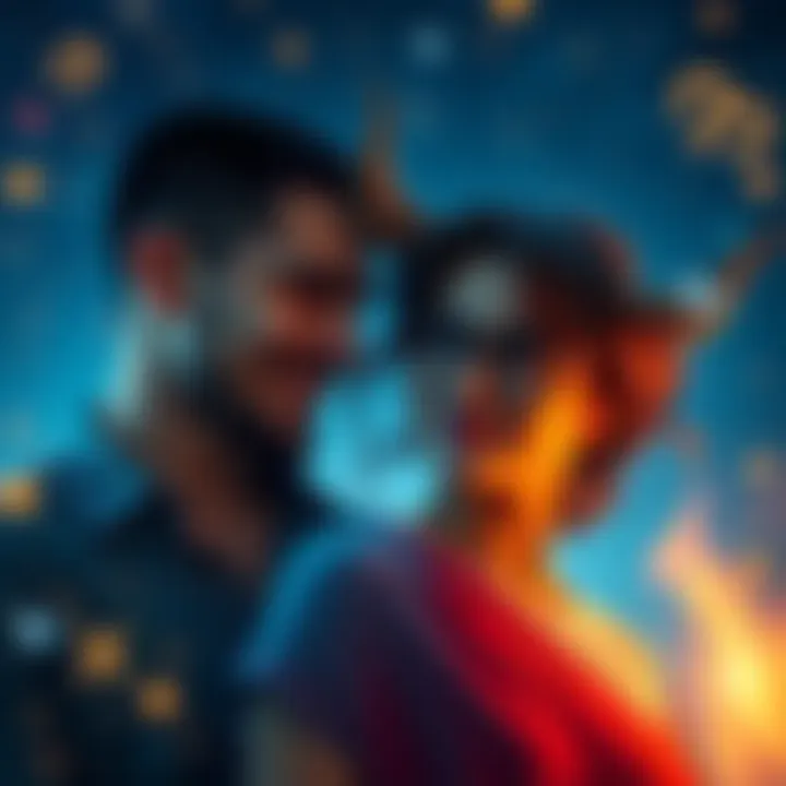 A Taurus woman looking thoughtfully at a Scorpio man, both smiling, surrounded by astrological symbols, indicating their connection.