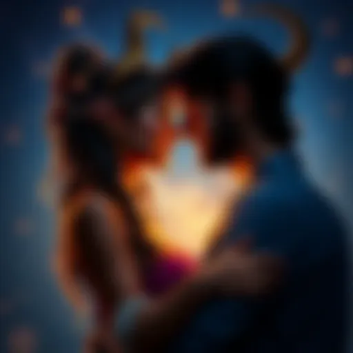 A Taurus Sun woman interacts closely with a Scorpio Moon man, showcasing deep emotional connection and love expressions under a starry sky.