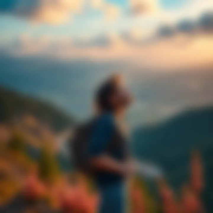 A Taurus person enjoying a peaceful moment while traveling solo, surrounded by nature, with a backpack and a scenic view in the background.