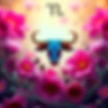 A Taurus zodiac symbol surrounded by vibrant flowers, representing growth and emotions.