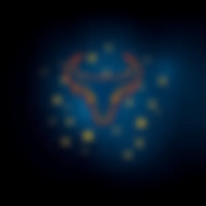 Taurus Symbol with Stars A graphic representation of the Taurus zodiac symbol surrounded by twinkling stars against a dark blue night sky, signifying the influence of Uranus from 2018 to 2025.