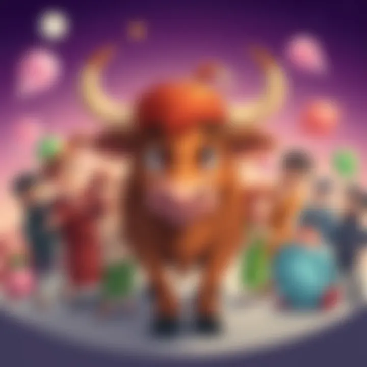 A cartoon bull surrounded by various quirky characters representing common traits like stubbornness and loyalty, with people pondering if these traits are unique to Taurus or shared by everyone.