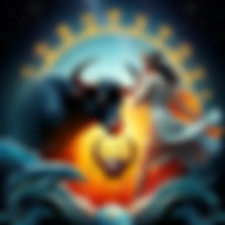 Taurus and Virgo symbols surrounded by earth and water animals like a bull and dolphins