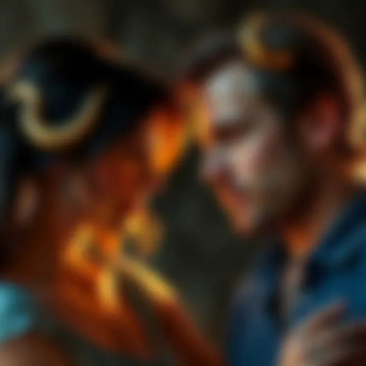 A Taurus woman looks thoughtfully at an Aquarius man, representing their attraction and emotional challenges in a relationship.