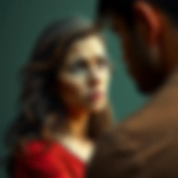 A Taurus woman with a worried expression, looking away from a Cancer man who seems overly emotional