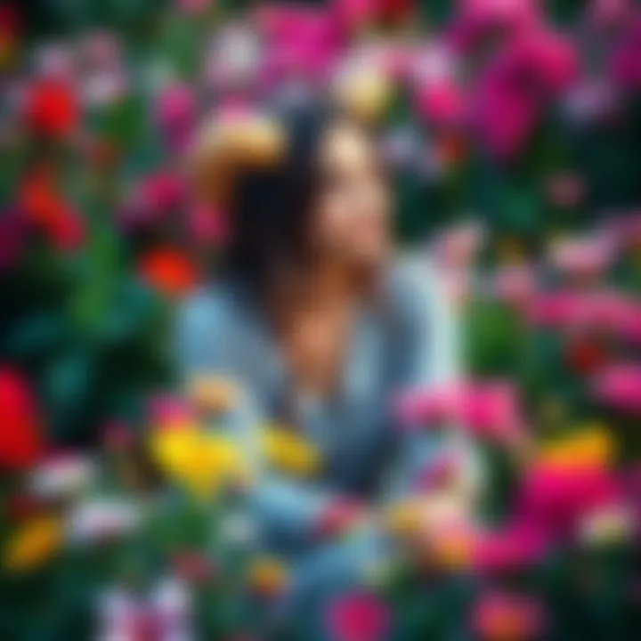 A Taurus woman sitting in a garden surrounded by blooming flowers, looking thoughtful and serene.