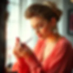 A Taurus woman applying makeup in a bright, stylish setting, showcasing her beauty preferences.