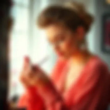 A Taurus woman applying makeup in a bright, stylish setting, showcasing her beauty preferences.