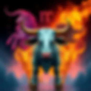 A visual representation of Taurus, symbolized by a bull, with contrasting zodiac signs in the background to show conflicts.