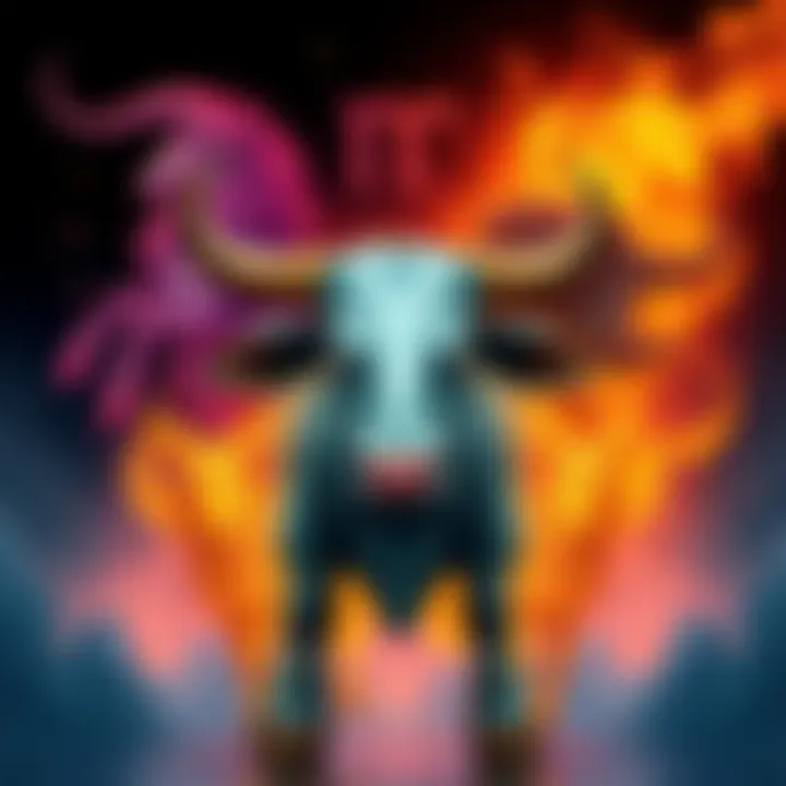 A visual representation of Taurus, symbolized by a bull, with contrasting zodiac signs in the background to show conflicts.