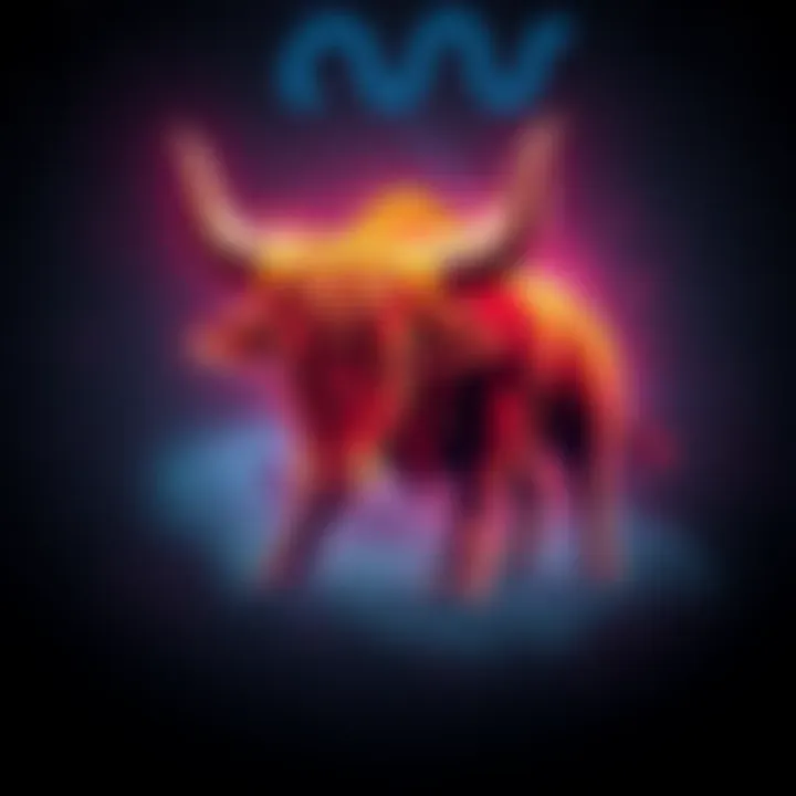 A vibrant depiction of the Taurus zodiac sign represented by a bull, symbolizing strength and stability, set against a starry background.