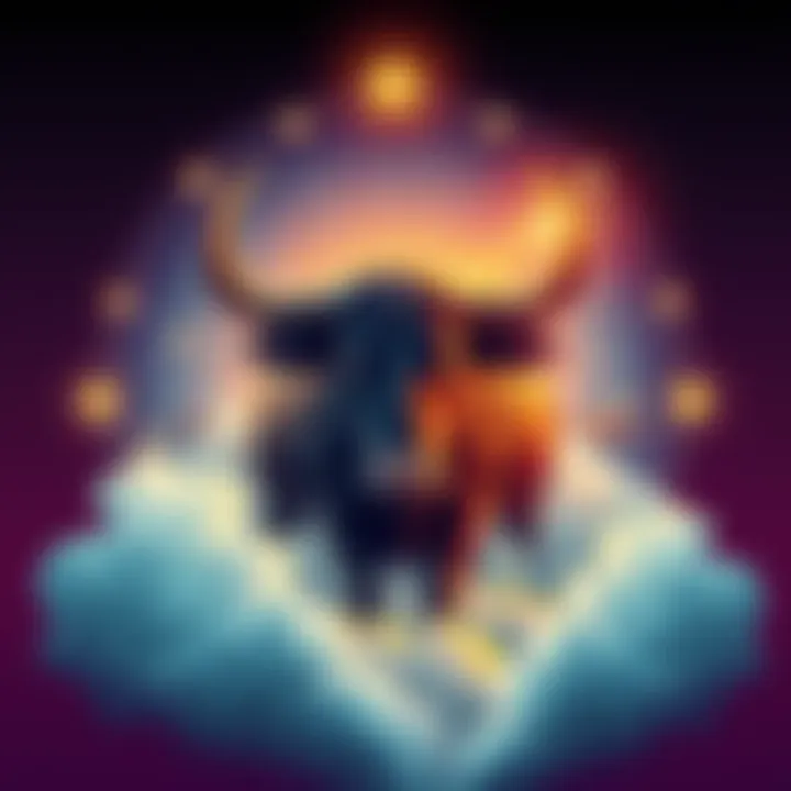 A creative illustration of the Taurus zodiac sign featuring a bull surrounded by stars and clouds, reflecting traits like open-mindedness and adaptability.