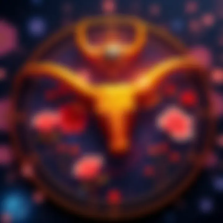 A Taurus zodiac symbol with floral designs reflecting the different traits of Taurus decans