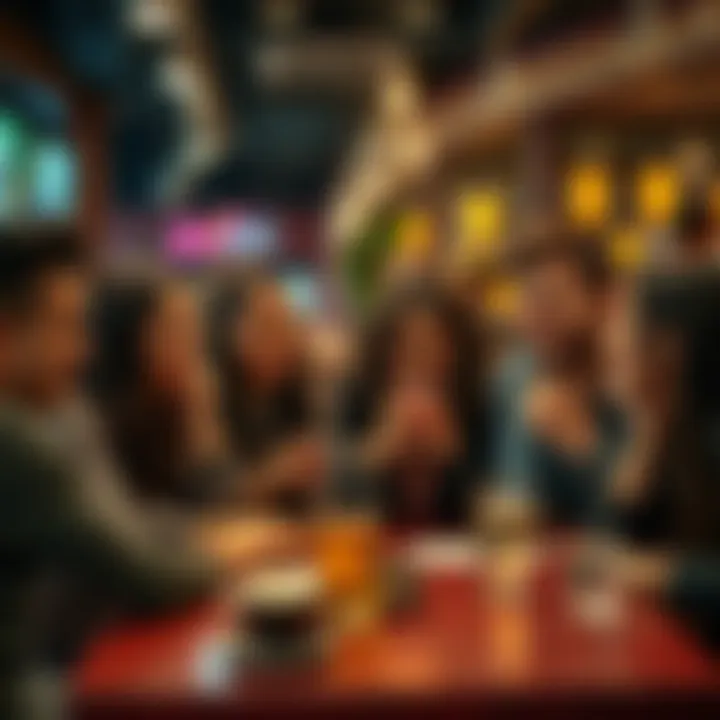 A group of people laughing and sharing stories at a café after breakups, showing a mix of emotions from humor to seriousness.