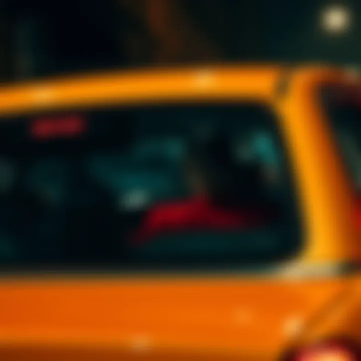 Taxi with a Woman in Red A taxi driving through a dark street with a mysterious woman dressed in red sitting in the backseat