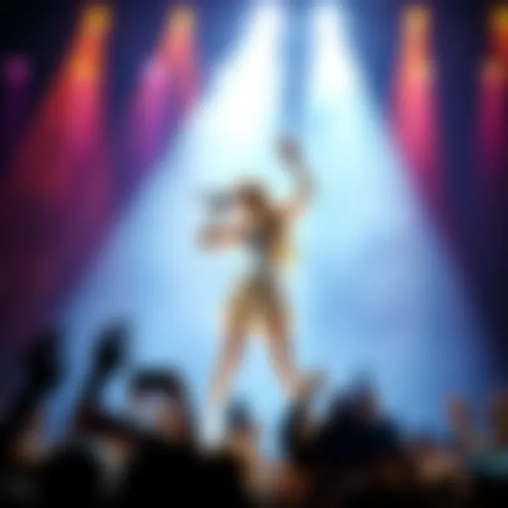 Taylor Swift performing on stage with fans in attendance, showcasing her popularity and music career