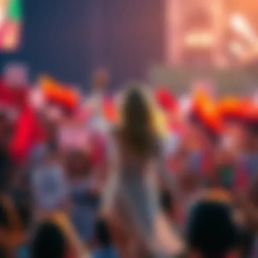 Taylor Swift stands on stage, surrounded by cheering fans holding signs and flags, showing her massive influence and support