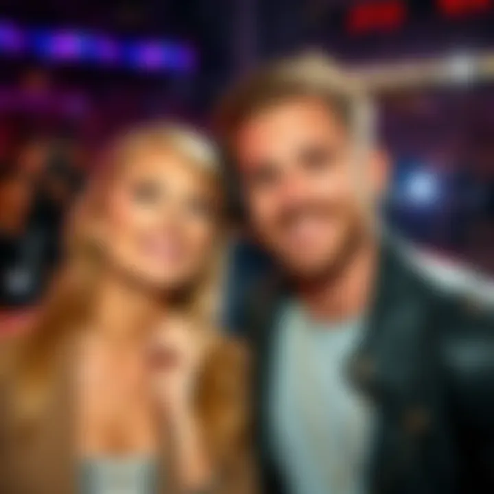 Taylor Swift and Travis Kelce smiling at an event, surrounded by cameras and fans, highlighting their public relationship