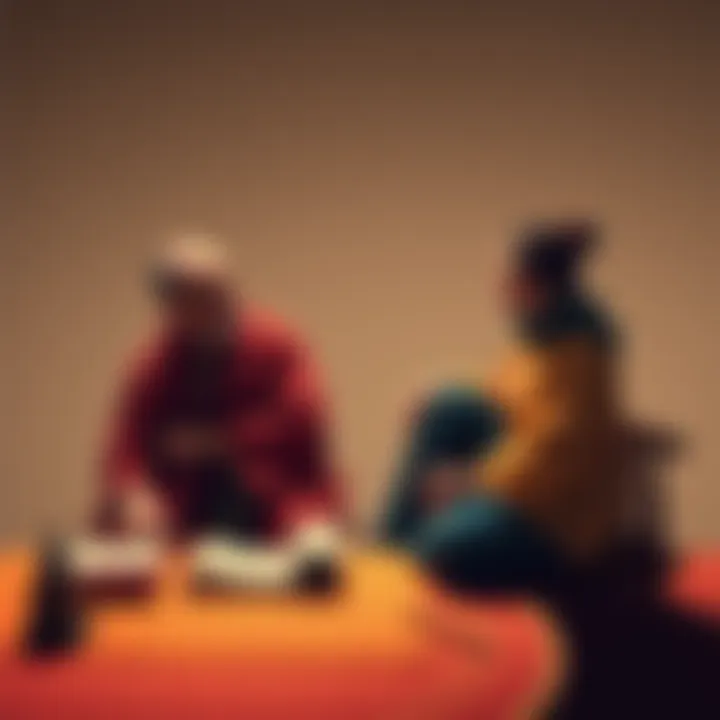 A teacher and student sit together, discussing Taoist concepts with books and scrolls on the table. The setting is calm and peaceful, reflecting the essence of learning and guidance in Taoism.