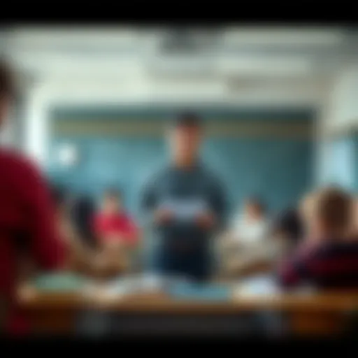 A teacher stands at the front of a classroom while students engage with each other and the lesson, showcasing their relationships and connections.