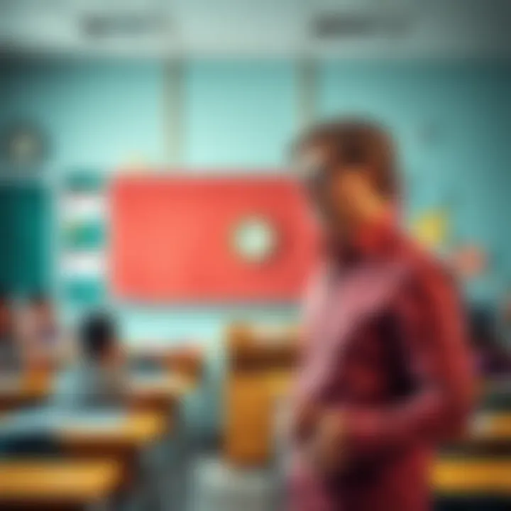 A teacher stands in front of a classroom, looking concerned while checking the clock. Students appear engaged but focused on limited materials.