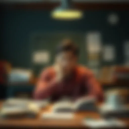 A teacher sitting at a desk, looking frustrated and lost in thought, surrounded by books and papers, reflecting on philosophical teachings.